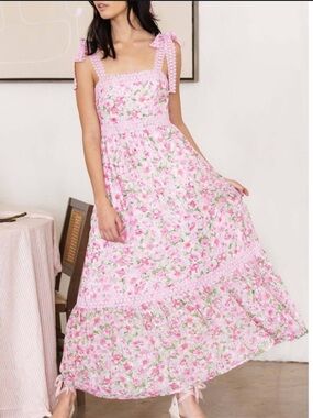 Pink Floral Tie-Shoulder Maxi Dress
